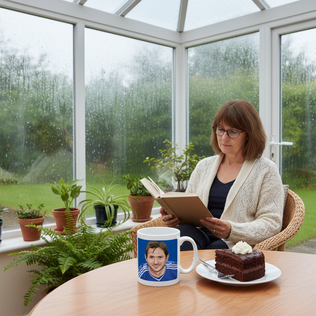 Retrotext Chelsea 2007 FA Cup Winners mug featuring Frank Lampard illustration on a table next to a slice of cake