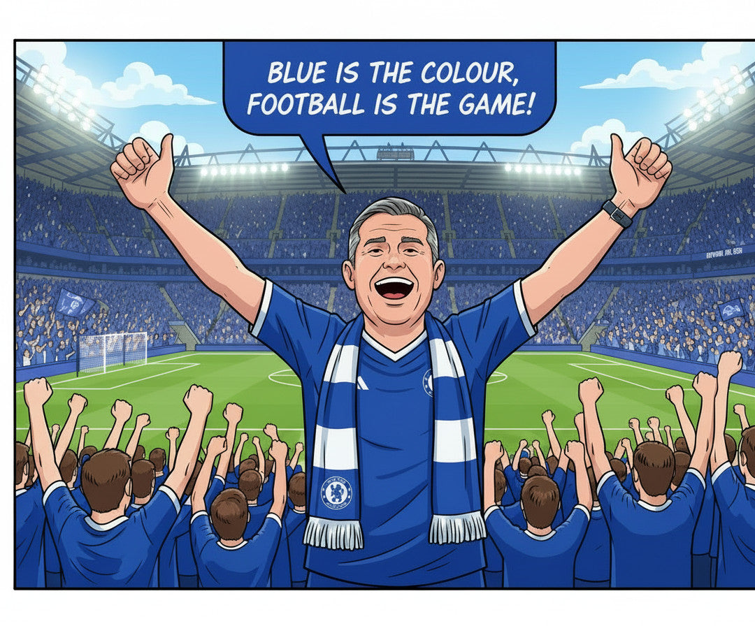 Retrotext Chelsea 2005 Premier League Champions Frank Lampard mug featuring a cartoon illustration of a fan cheering