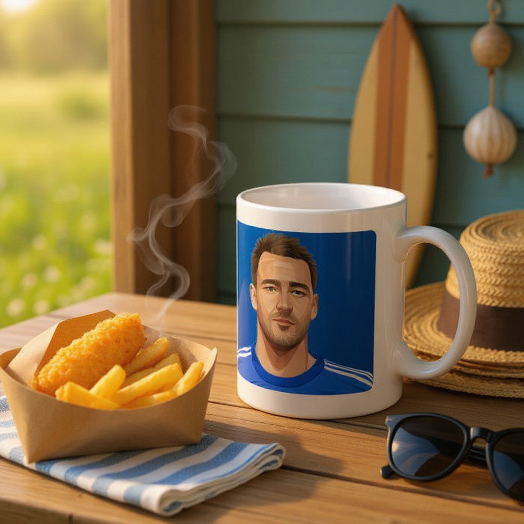 Retrotext Chelsea 2015 League Cup Winners John Terry ceramic mug with teletext graphic on a wooden table with chips