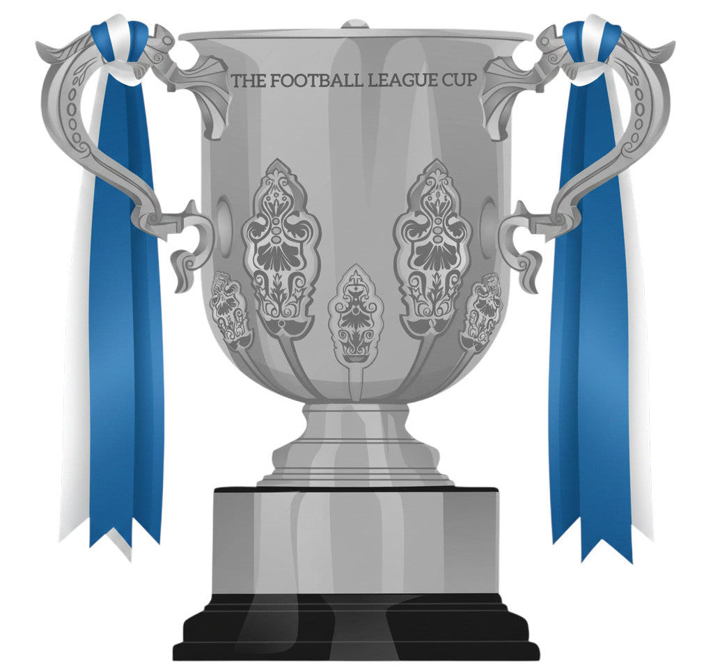 Retrotext Chelsea 2007 League Cup winners mug featuring a graphic of the silver trophy with blue and white ribbons