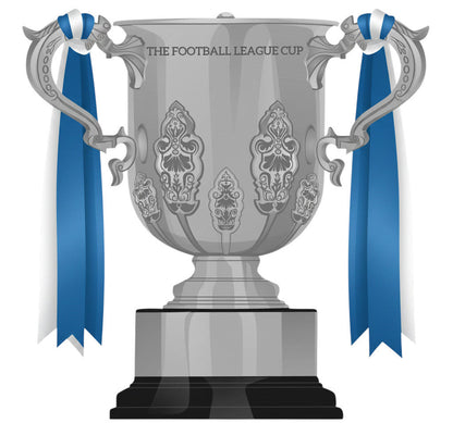 Retrotext Chelsea 2007 League Cup winners mug featuring a graphic of the silver trophy with blue and white ribbons