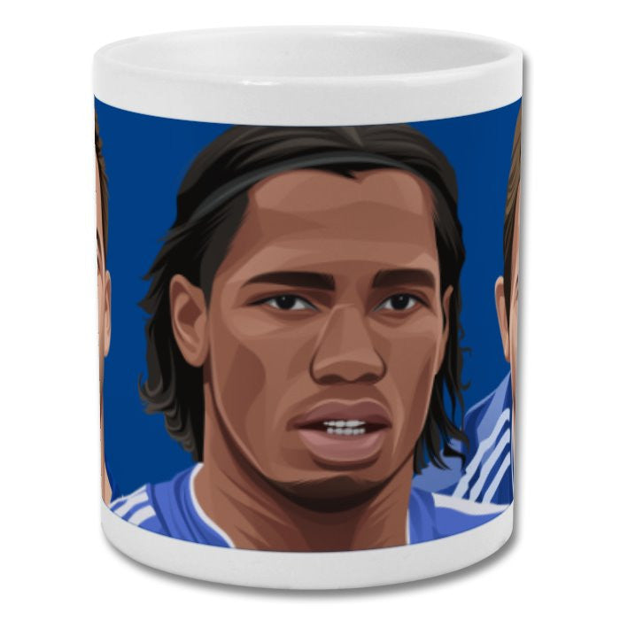 Retrotext Chelsea FC legends ceramic mug featuring vibrant wraparound illustrations of Terry, Drogba, and Lampard