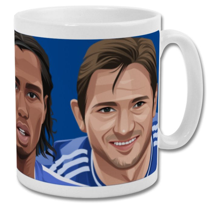 Retrotext Chelsea FC legends ceramic mug featuring vibrant illustrations of Didier Drogba and Frank Lampard