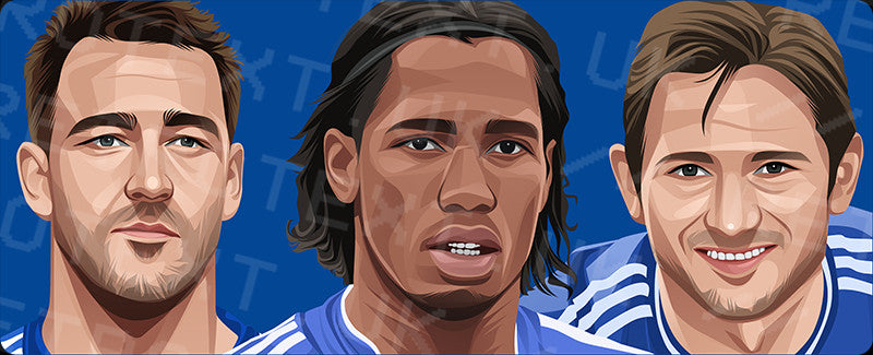 Retrotext Chelsea FC mug featuring vibrant illustrations of legends John Terry, Didier Drogba, and Frank Lampard.
