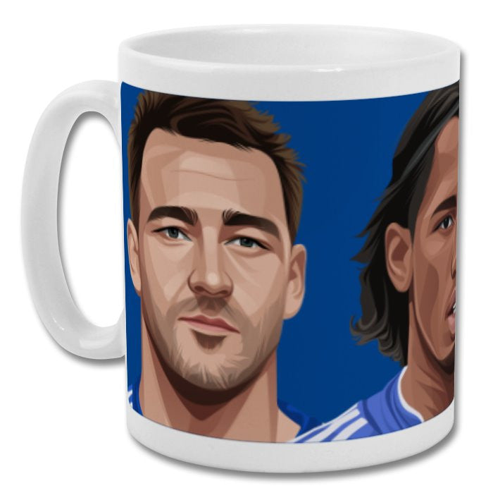Retrotext Chelsea FC legends mug featuring vibrant illustrations of John Terry and Didier Drogba on white ceramic