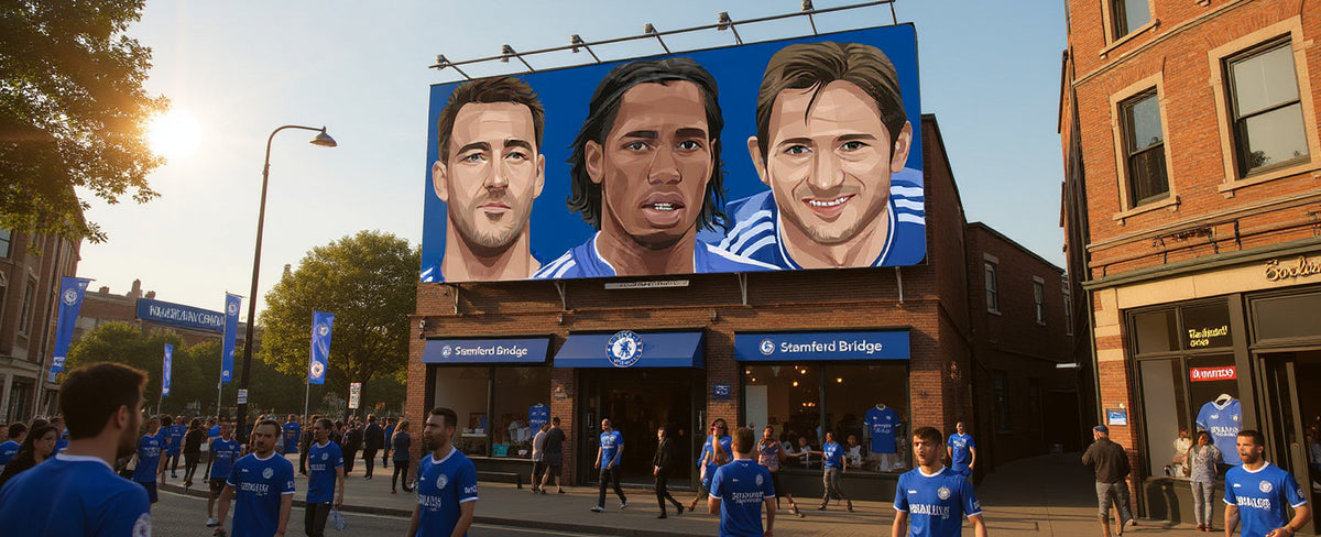 Retrotext Chelsea FC legends mug featuring John Terry, Didier Drogba, and Frank Lampard illustrations
