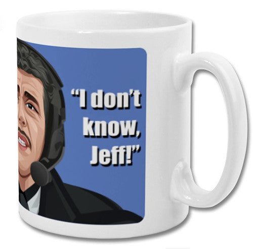 Retrotext white ceramic mug featuring a graphic of Chris Kamara with the quote I don't know Jeff on a blue background