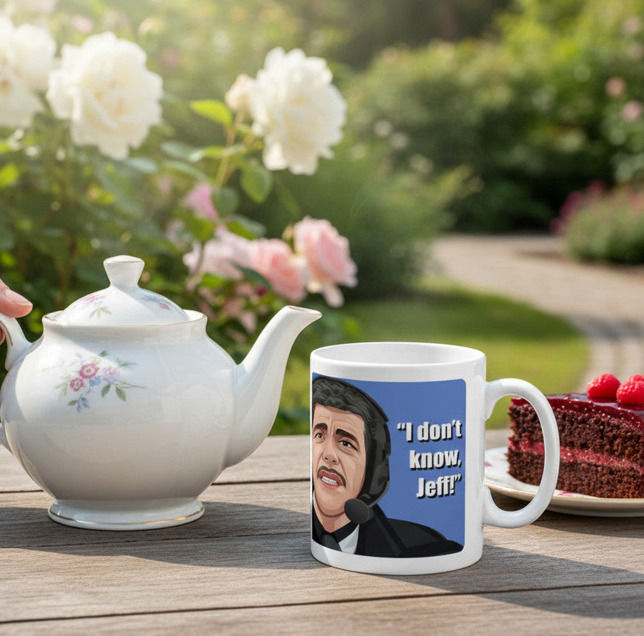 Retrotext white ceramic mug featuring a cartoon of Chris Kamara saying I don't know Jeff on a garden table