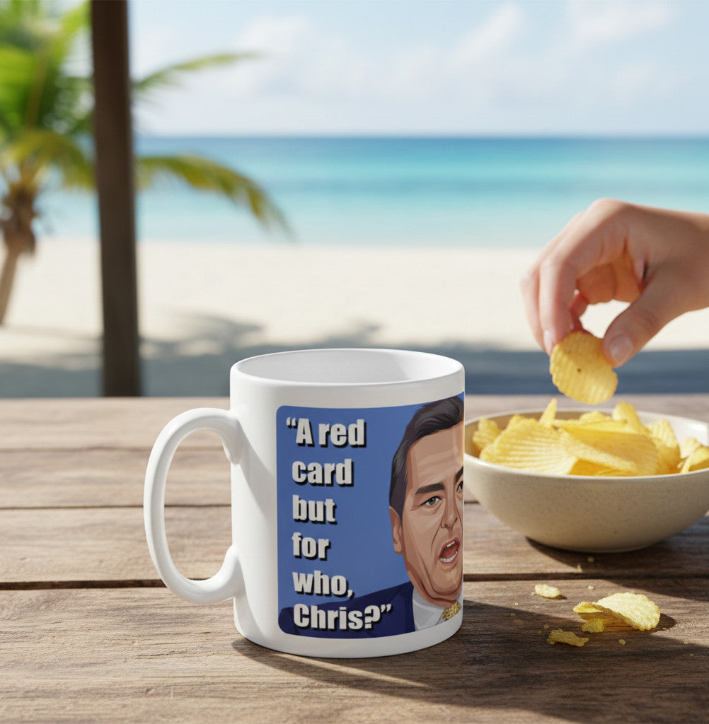 Retrotext white ceramic mug featuring a graphic of Chris Kamara with the quote A red card but for who Chris