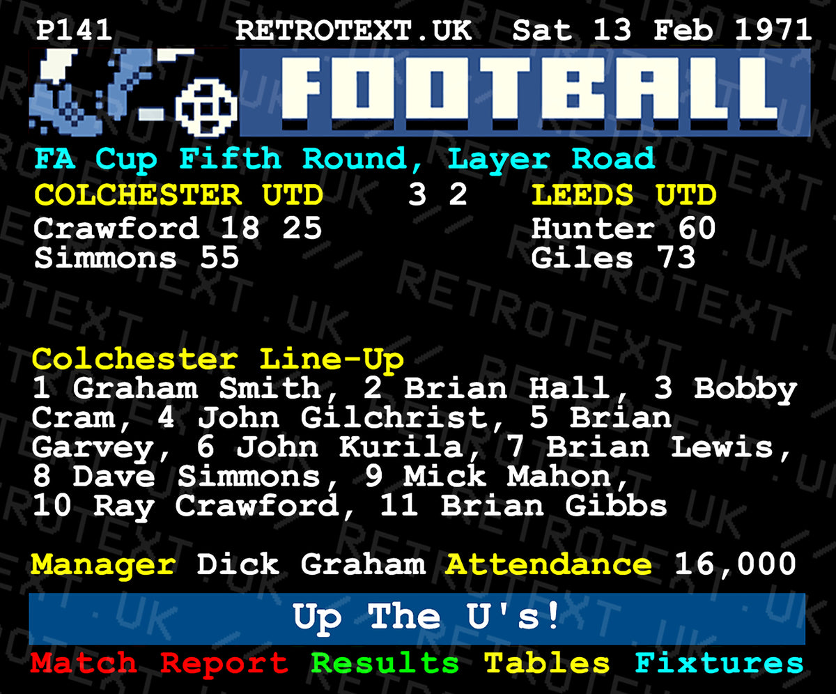 Retrotext ceramic mug featuring a 1971 Colchester United vs Leeds United teletext football score design