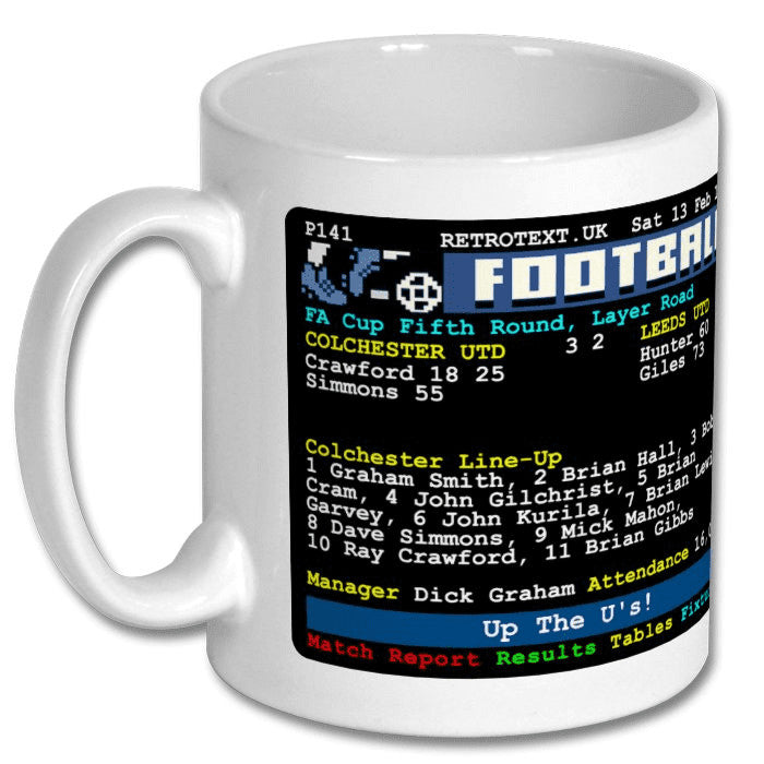 Retrotext ceramic mug featuring a 1971 Colchester United vs Leeds United teletext football score design