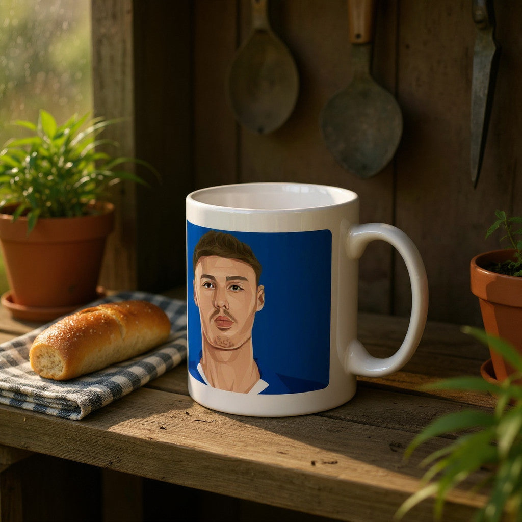 Retrotext 11oz glossy white mug featuring a digital illustration of Cole Palmer, Chelsea 2025 Conference League winner.