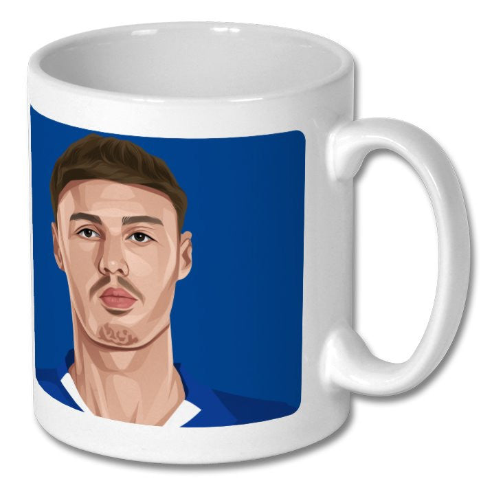 Retrotext Chelsea 2025 Conference League winners mug featuring a graphic illustration of Cole Palmer on white ceramic