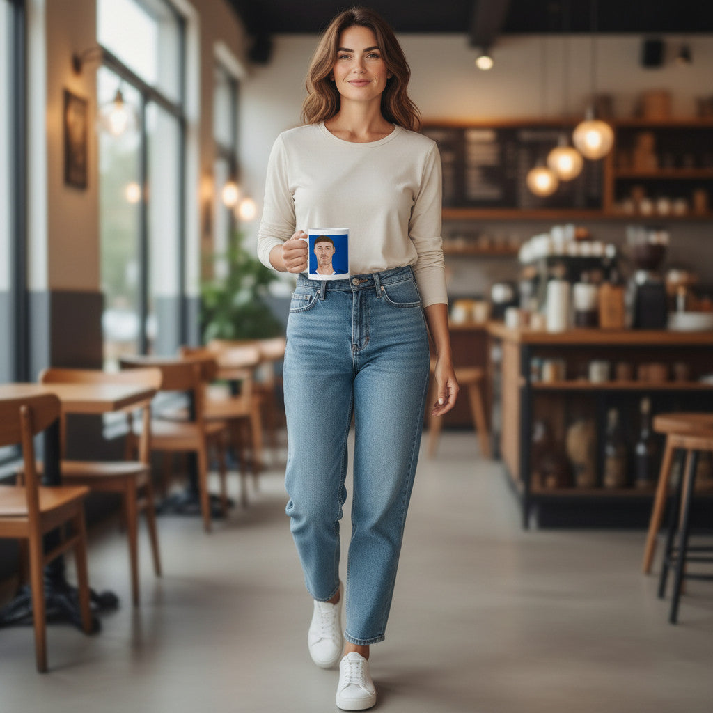 Retrotext Chelsea 2025 Club World Cup winners mug featuring Cole Palmer held by a woman in a cafe