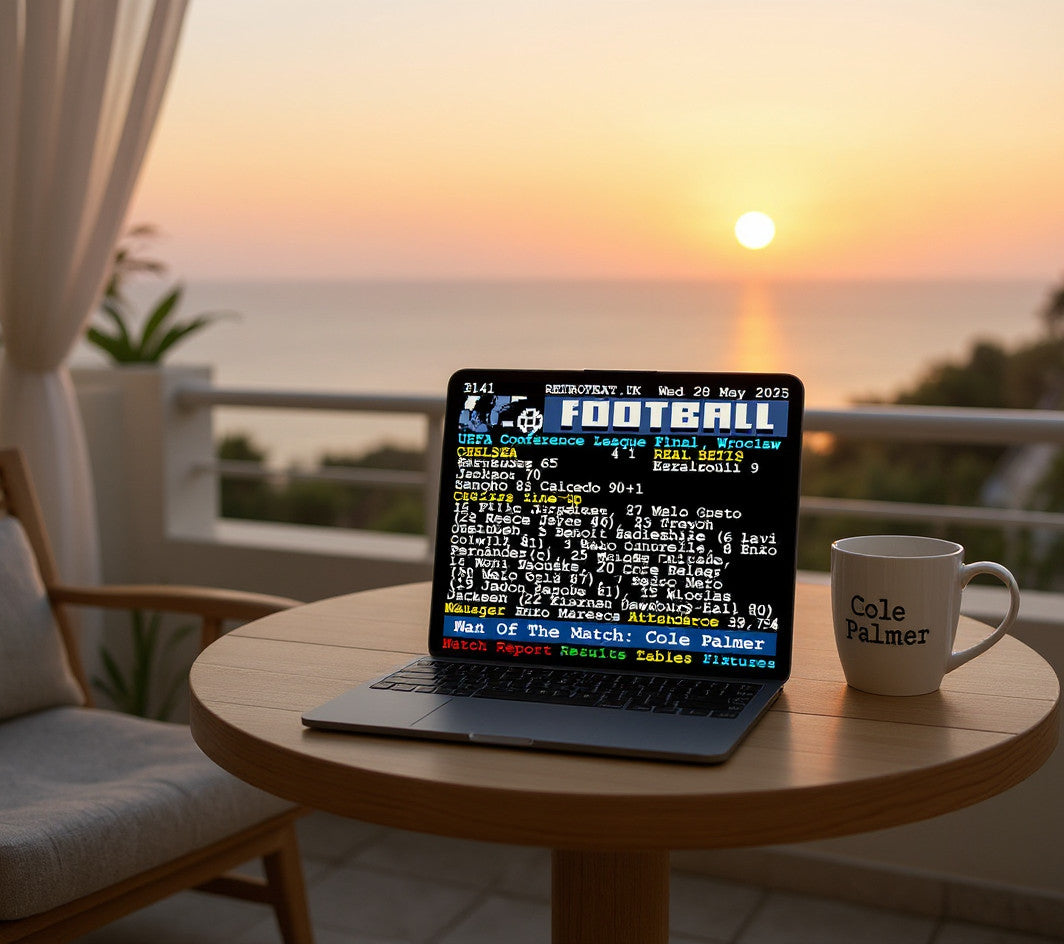 Retrotext Chelsea 2025 Conference League Winners mug featuring Cole Palmer text next to a laptop on a balcony at sunset