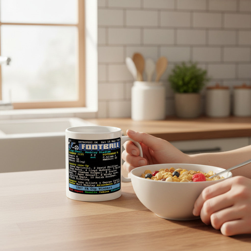Retrotext ceramic mug featuring a 1987 Coventry City vs Tottenham FA Cup teletext design held at a kitchen breakfast table
