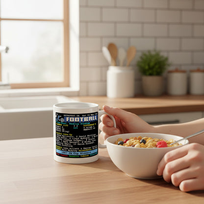 Retrotext ceramic mug featuring a 1987 Coventry City vs Tottenham FA Cup teletext design held at a kitchen breakfast table