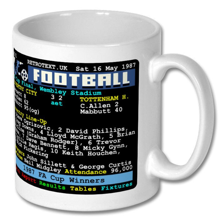 Retrotext ceramic mug featuring a 1987 FA Cup Final teletext graphic of the Coventry City vs Tottenham Hotspur match.