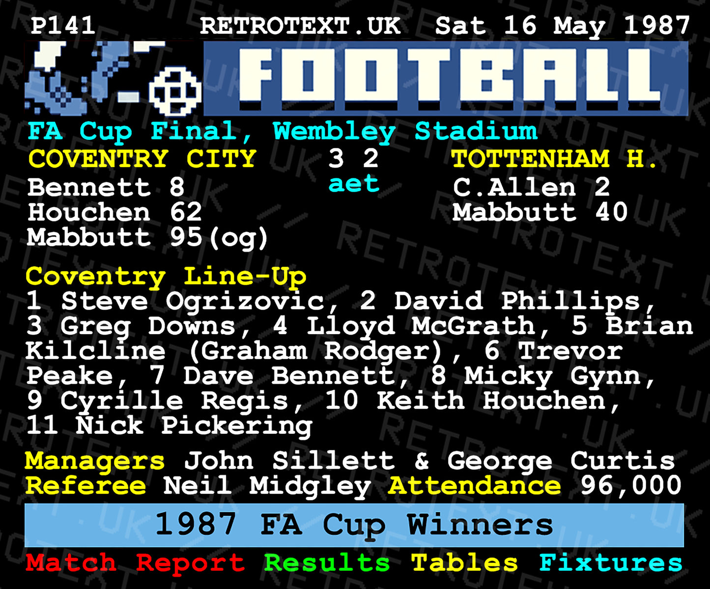 Retrotext ceramic mug featuring a 1987 FA Cup Final teletext graphic of the Coventry City vs Tottenham Hotspur match.
