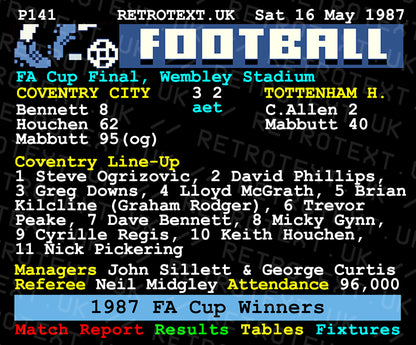 Retrotext ceramic mug featuring a 1987 FA Cup Final teletext graphic of the Coventry City vs Tottenham Hotspur match.