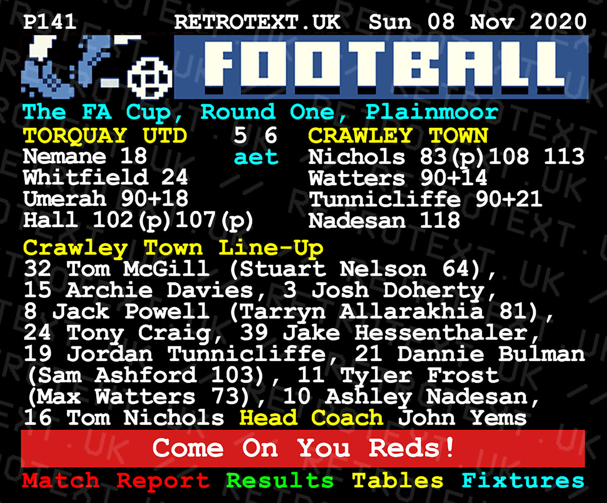 Retrotext Crawley Town FA Cup match report mug with vintage teletext style football scores and team line-up design.