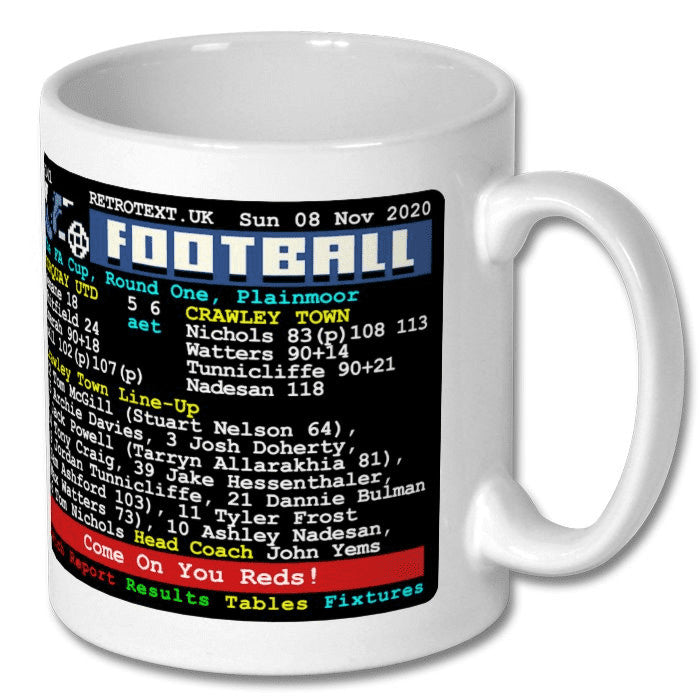 Retrotext Crawley Town 2021 FA Cup teletext style glossy white 11oz ceramic mug featuring match stats and line-up