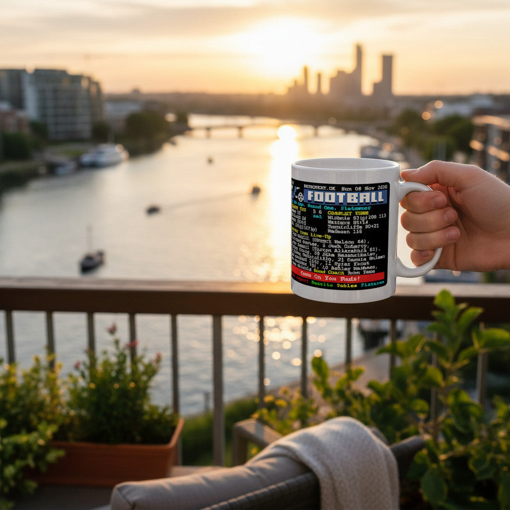 Retrotext Crawley Town FA Cup 3rd Round vs Leeds United teletext design on a glossy white 11oz ceramic mug