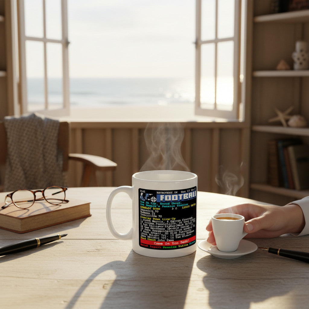 Retrotext Crawley Town FA Cup Leeds United teletext mug on a wooden table with a steaming espresso and ocean view