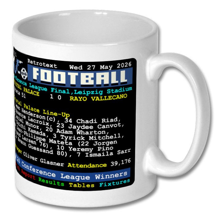 Retrotext white ceramic mug featuring a 2026 Crystal Palace UEFA Conference League final match-day graphic