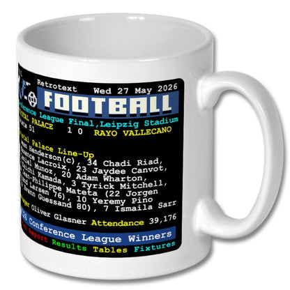Retrotext white ceramic mug featuring a 2026 Crystal Palace UEFA Conference League final match-day graphic