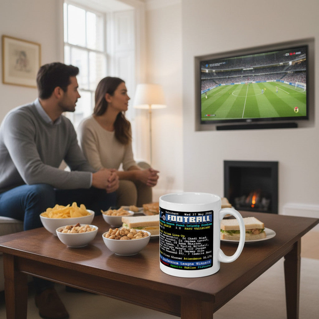 Retrotext ceramic mug featuring 2026 Crystal Palace UEFA Conference League victory details on a living room table