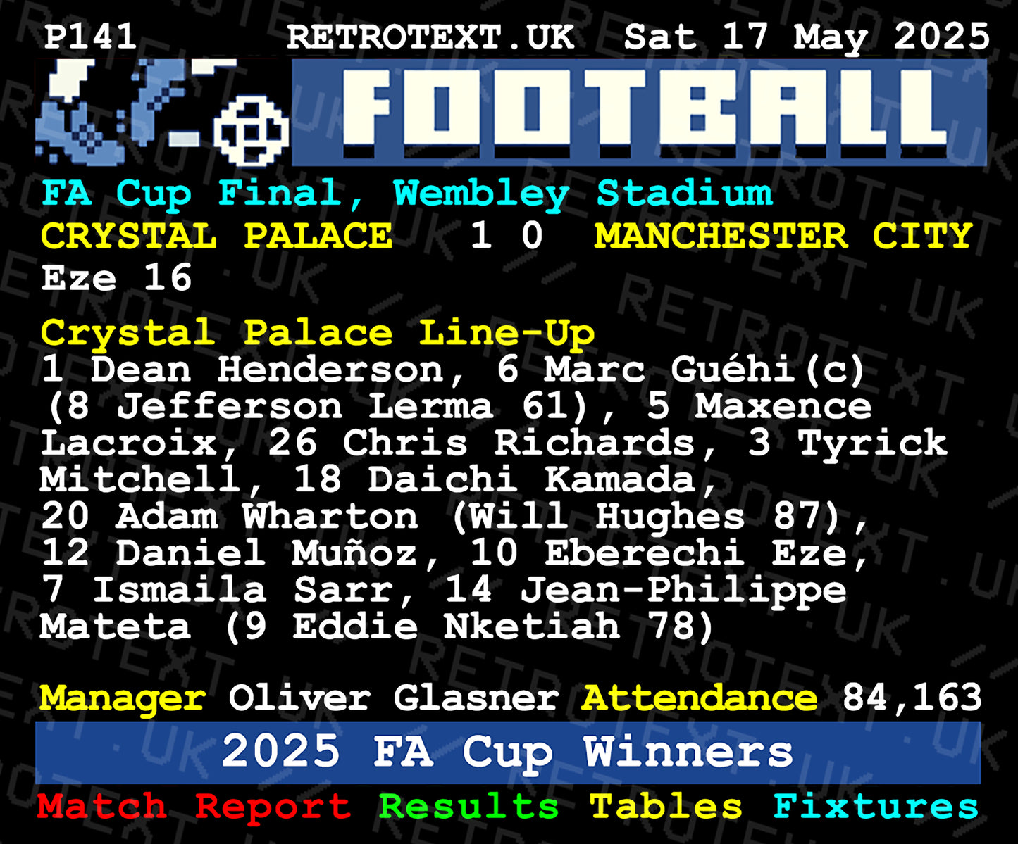 Retrotext Crystal Palace 2025 FA Cup Winners ceramic mug featuring match details, line-up, and Eberechi Eze graphic.