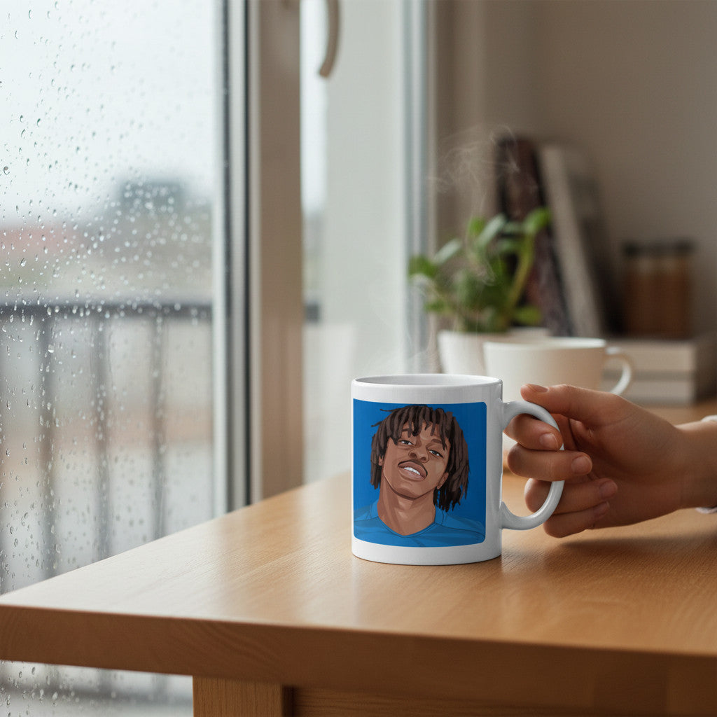 Retrotext Crystal Palace 2025 FA Cup winners ceramic mug featuring an illustration of Eberechi Eze