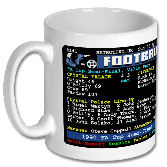 Retrotext ceramic mug featuring a 1990 Crystal Palace vs Liverpool FA Cup semi-final Teletext match report graphic