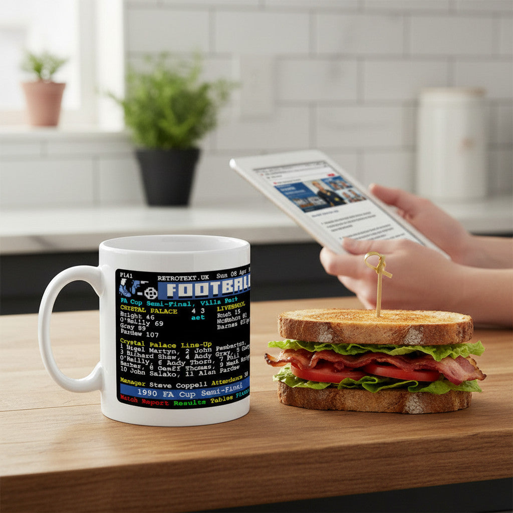 Retrotext ceramic mug featuring 1990 Crystal Palace vs Liverpool teletext match report on a wooden kitchen table