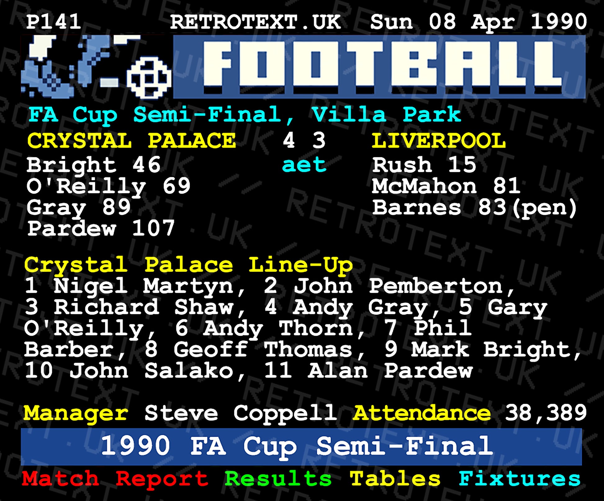 Retrotext ceramic mug featuring a 1990 Crystal Palace vs Liverpool FA Cup semi-final teletext match report graphic.