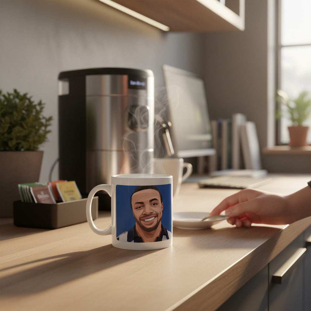 Retrotext ceramic mug featuring a portrait of Cyrille Regis, displayed on a kitchen counter with steam rising.