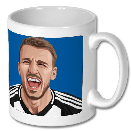 Retrotext Newcastle United 2025 League Cup Winners ceramic mug featuring a vibrant illustration of Dan Burn