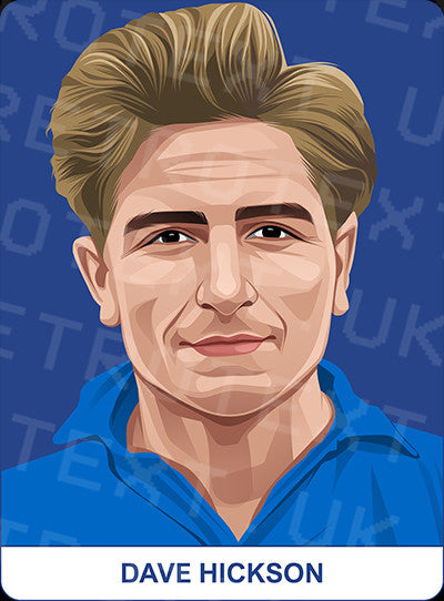 Retrotext Everton mug featuring a detailed illustration of Dave Hickson in a blue football kit on a blue background.