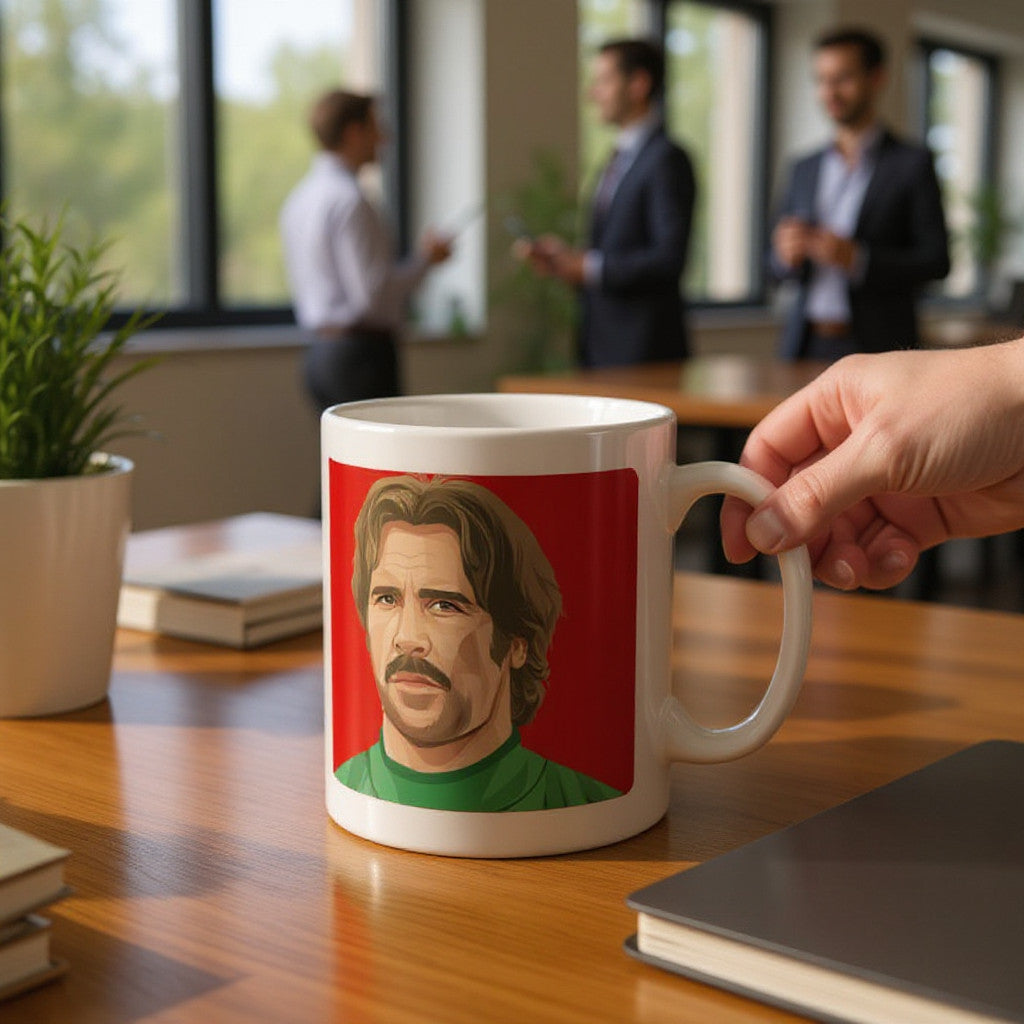 Retrotext Arsenal 2003 FA Cup David Seaman mug with a glossy white finish and a red graphic illustration