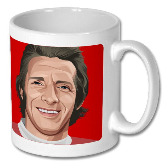 Retrotext ceramic mug featuring a vintage illustration of Denis Law on a red background for Manchester United fans