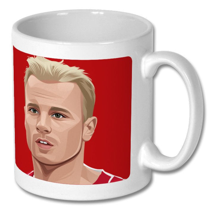 Retrotext white 11oz ceramic mug featuring a graphic illustration of Arsenal legend Dennis Bergkamp on a red background