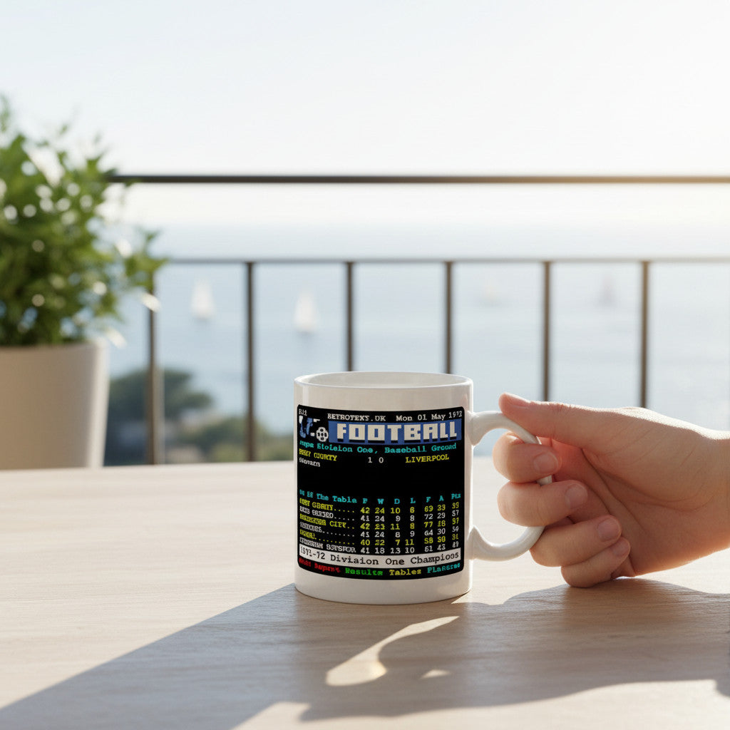 Retrotext Derby County 1972 Division One Champions teletext mug held in hand on a sunny balcony table.