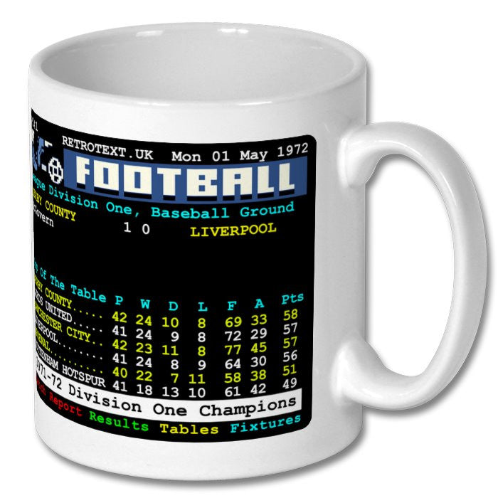 Retrotext glossy white 11oz mug featuring a 1972 Derby County Division One Champions teletext football league table