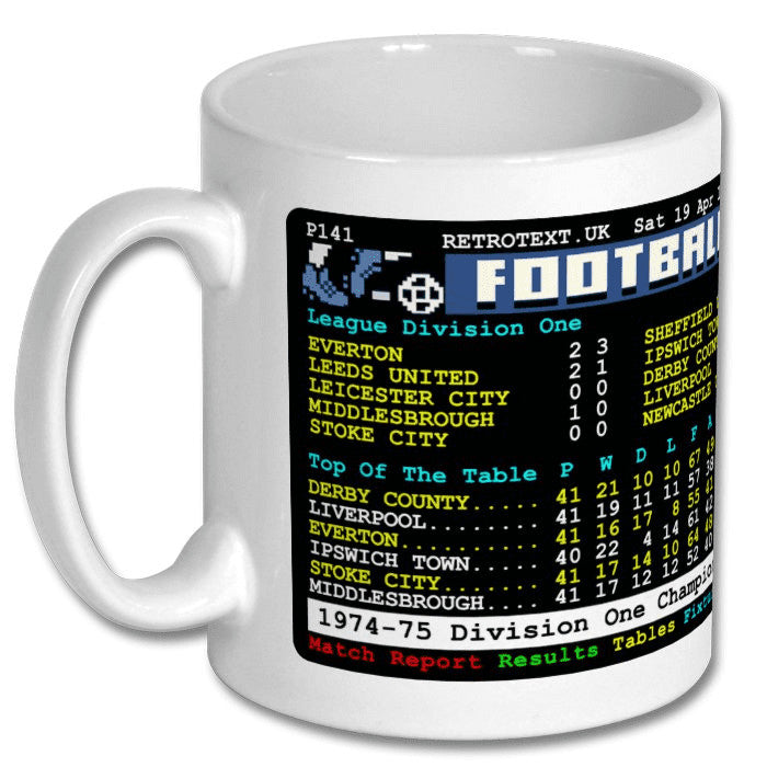 Retrotext white ceramic mug featuring a 1975 Derby County Division One Champions teletext football league table