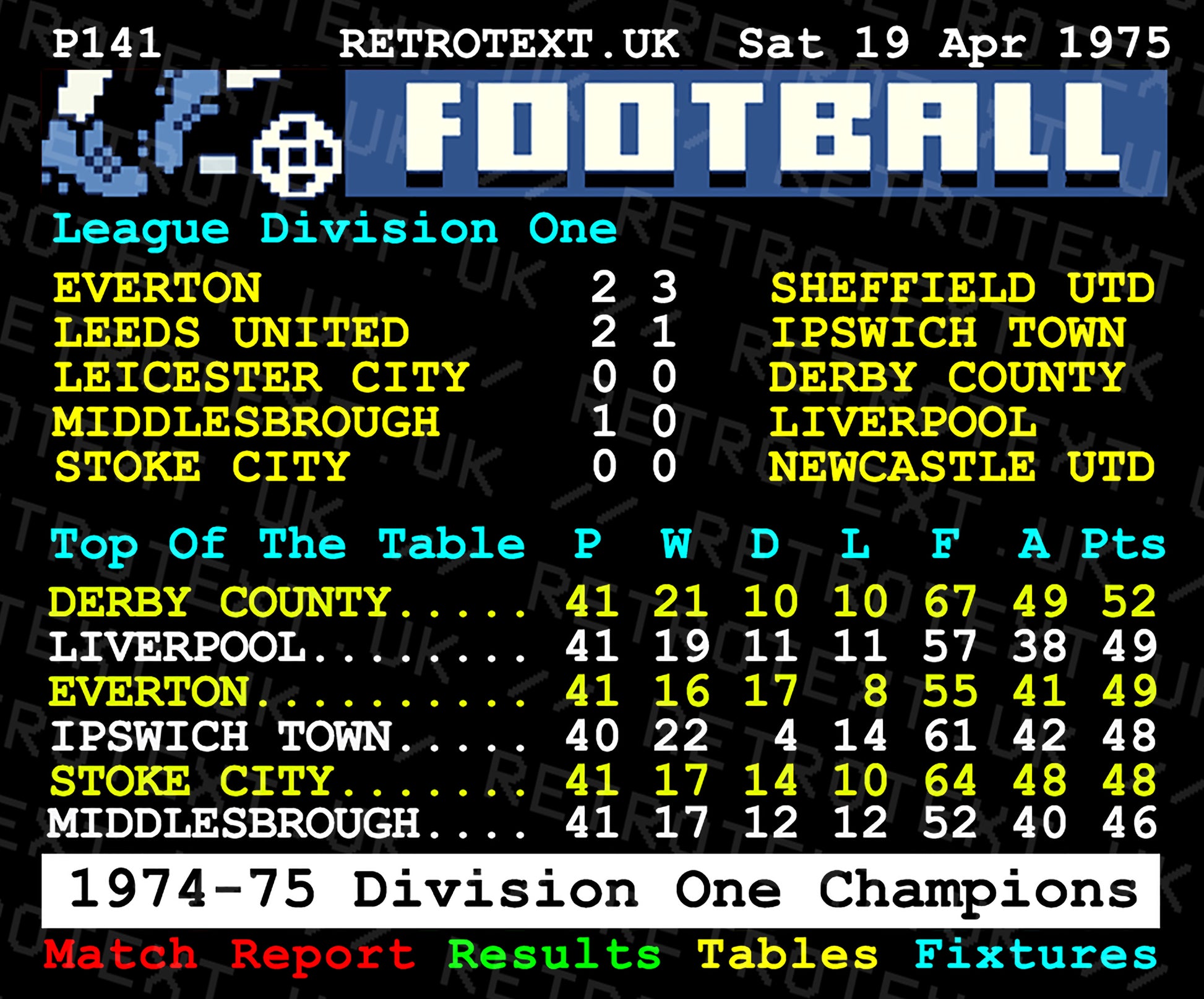 Retrotext 11oz glossy white mug featuring a 1975 Derby County Division One Champions teletext league table graphic