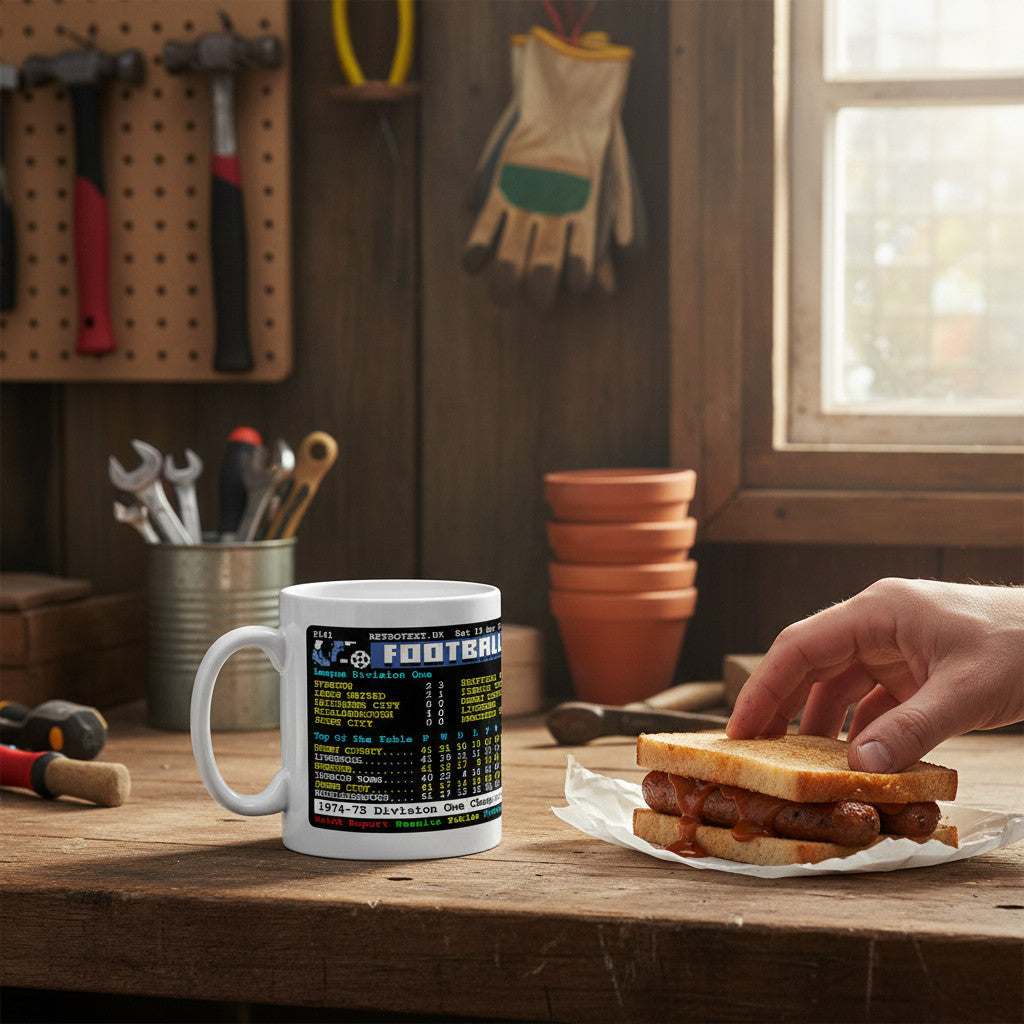 Retrotext Derby County 1975 Division One Champions mug featuring a vintage teletext football league table design