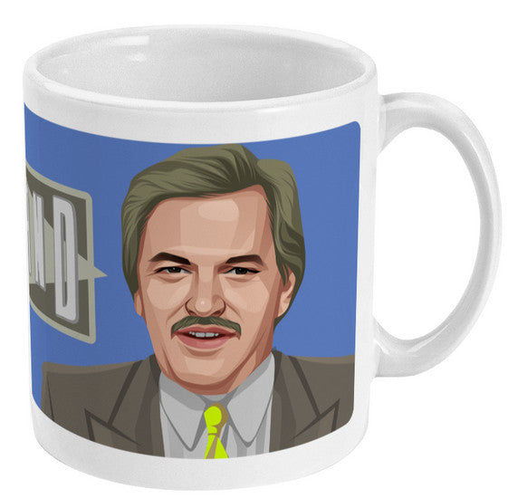 Retrotext white 11oz ceramic mug featuring a graphic illustration of Des Lynam from the Grandstand sports show.
