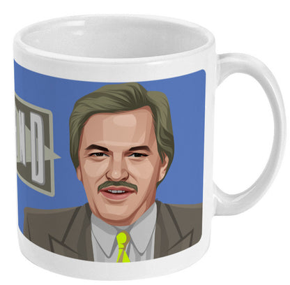 Retrotext white 11oz ceramic mug featuring a graphic illustration of Des Lynam from the Grandstand sports show.