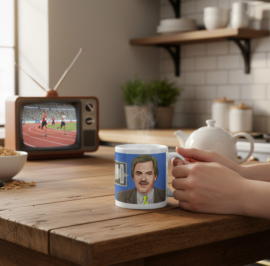Retrotext white 11oz mug featuring a Des Lynam Grandstand illustration, held on a wooden kitchen table.
